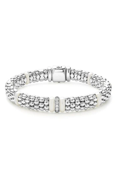 Lagos Sterling Silver And Gold White Caviar White Ceramic Diamond Link Bracelet In Ss 18k Wht
