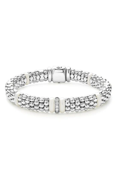 Lagos Sterling Silver And Gold White Caviar White Ceramic Diamond Link Bracelet In Silver/ Diamond