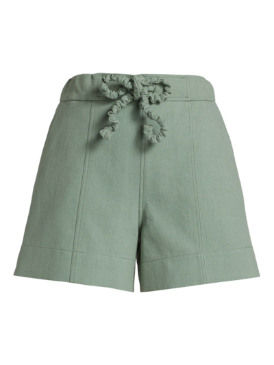 Ganni Drawstring Cotton Suiting Shorts In Green Bay