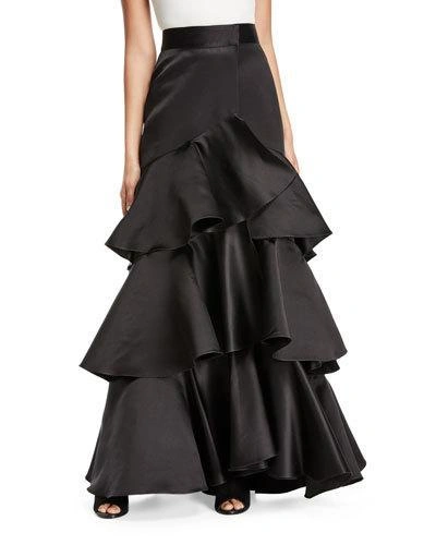 Johanna Ortiz Aragonese Tiered Satin Maxi Skirt In Black