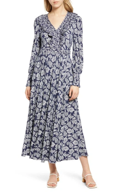 Boden Floral Ruffle Jersey Maxi Dress In Navy Paisely Bloom