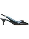 Prada Logo Bow-embellished Kitten-heel Leather Pumps In Black