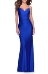 La Femme Open Back Jersey Trumpet Gown In Royal Blue