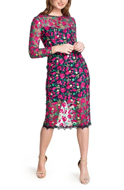 Dress The Population Sophia Embroidered Floral Long Sleeve Bodycon Midi Dress In Navy Multi