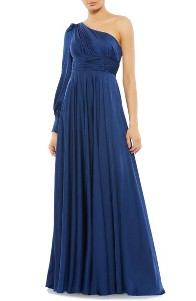 Mac Duggal One-shoulder Long Sleeve Satin Column Gown In Midnight