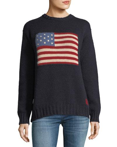 Ralph Lauren Crewneck Long-sleeve Cashmere Pullover Sweater With Flag ...