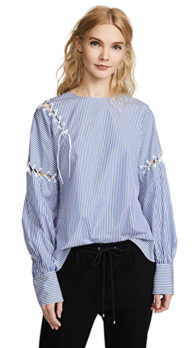 Tibi Crewneck Long-sleeve Striped Cotton Top With Lacing Details