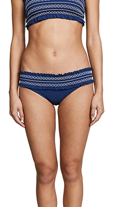 Tory Burch Costa Smocked Hipster Bikini Bottoms In Capri Blue/ New Ivory