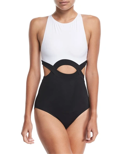 Oye Swimwear Elvan High-neck Cutout One-piece Swimsuit In White/black
