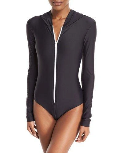 Cover Zip-front Hooded Long-sleeve One-piece Swimsuit In Black
