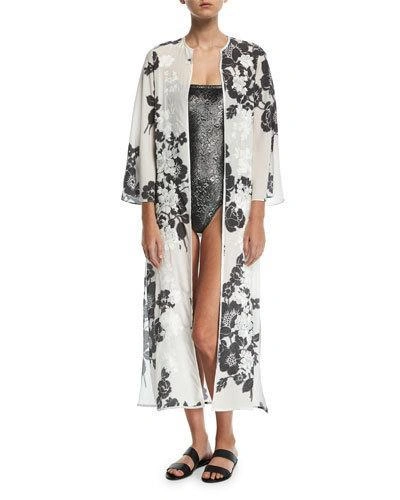 Marie France Van Damme Rose-embroidered Silk Open Caftan Coverup In Multi