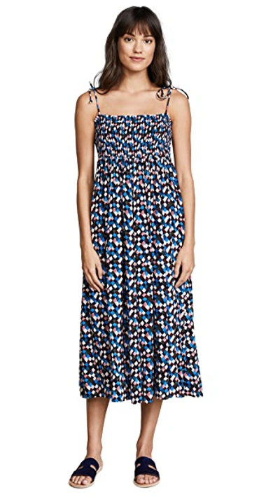 Tory Burch Prism Smocked Printed Voile Midi Dress In Navy Prism