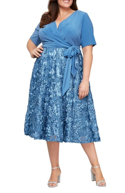 Alex Evenings Tea Length Jersey & Rosette Lace Dress In Brush Peri