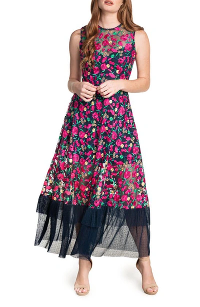 Dress The Population Gina Embroidered Floral Dress In Navy Multi