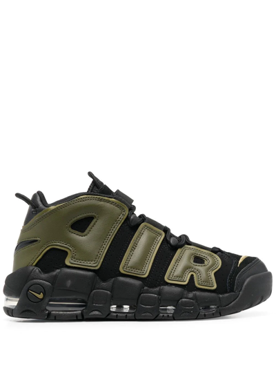 Nike Air More Utempo 96 Logo-embroidered Leather And Mesh High-top Trainers In Black /rough Green Pilgrim Black Total Orange