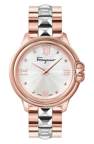 Ferragamo Studmania Watch With Bracelet Strap, Silver/rose Gold Ip In Ip Rose Gold/ Stainless Steel