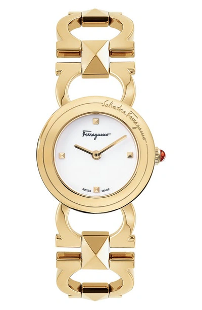 Ferragamo Women's Swiss Double Gancini Stud Gold Ion Plated Link Bracelet Watch 25mm In Ip Yellow Gold/white