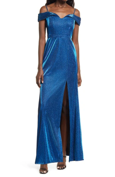Morgan & Co. Shimmer Cold Shoulder Body-con Gown In Peacock