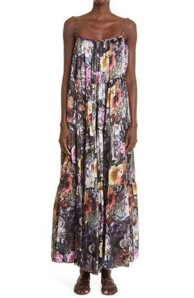 Adam Lippes Belted Tiered Floral-print Cotton And Silk-blend Voile Maxi Dress In Multi