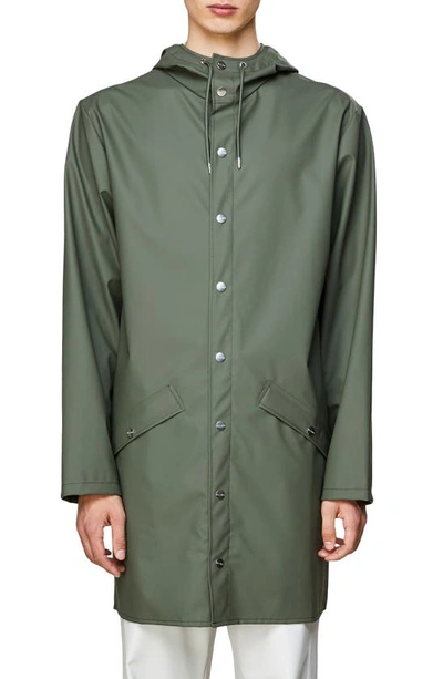 Rains Waterproof Hooded Long Rain Jacket In Olive