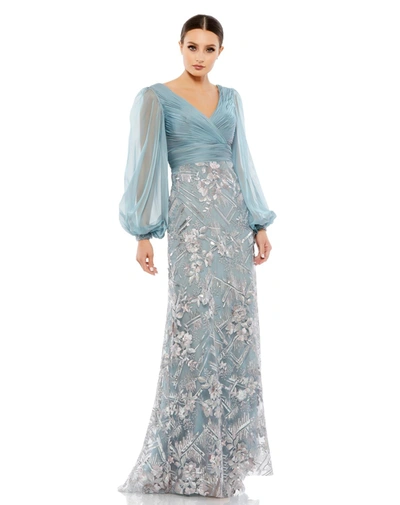 Mac Duggal Illusion Puff Sleeve Pleated Bodice Embellished Gown In Slate Blue