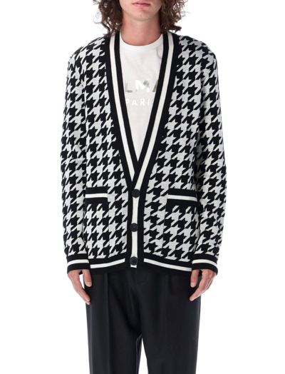Balmain Houndstooth Knitted Cardigan In White,black