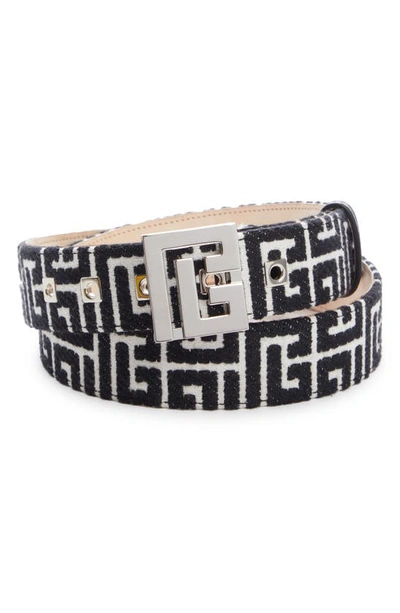 Balmain Monogram-pattern Logo-plaque Belt In Gab Blanc/ Noir