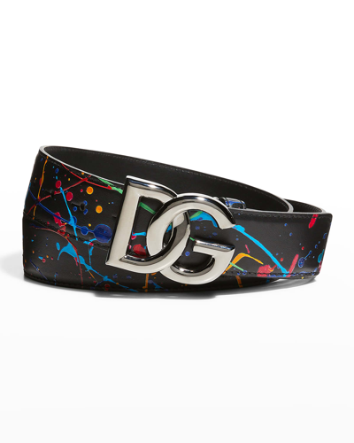 Dolce & Gabbana Paint Splatter Logo Buckle Leather Belt In Black