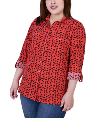Ny Collection Plus Size 3/4 Sleeve Roll Tab Notch Collar Blouse In Red Dot Mix