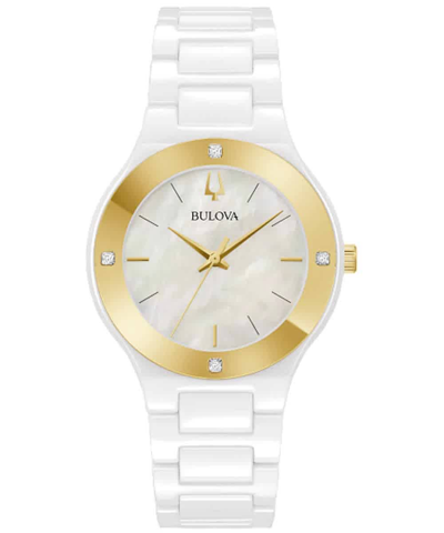 Bulova Women's Millennia Diamond Accent White Ceramic Bracelet Watch 35mm In Gold Tone / Mop / Mother Of Pearl / White