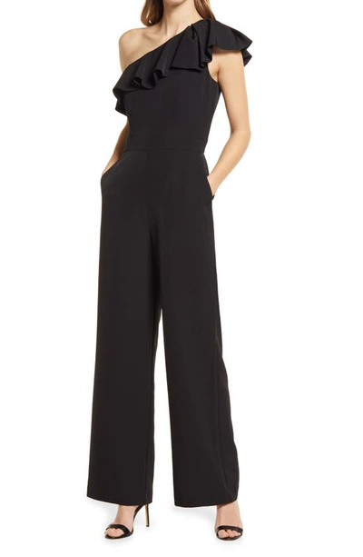 Eliza J Ruffle One-shoulder Jumpsuit In Black
