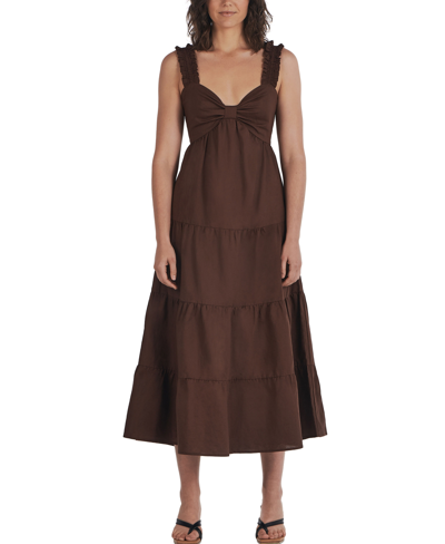 Charlie Holiday Diana Tiered Linen & Cotton Midi Dress In Chocolate