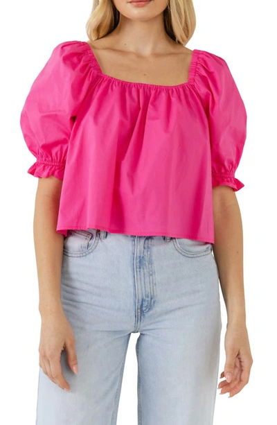 English Factory Puff Sleeve Cotton Top In Fuchsia