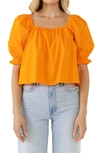 English Factory Puff Sleeve Cotton Top In Orange