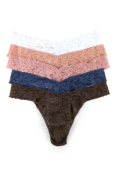 Hanky Panky Assorted 5-pack Lace Original Rise Thongs In Mars/ Sshb/ Dros/ Nblu/