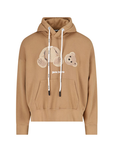 Palm Angels Bear Logo Cotton Hoodie In Neutrals