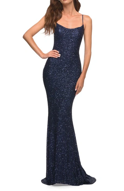 La Femme Sequin Trumpet Gown In Navy