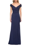 La Femme Ruched Jersey Column Gown In Navy