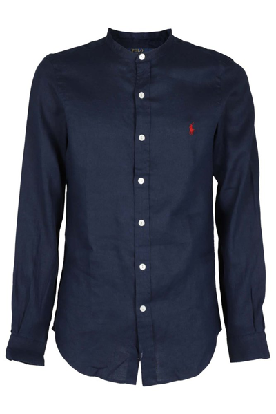 Polo Ralph Lauren Logo Embroidered Collarless Shirt In Navy