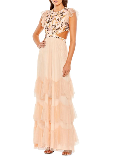 Mac Duggal Embroidered Bodice Cap Sleeve Ruffle Tiered Gown In Apricot