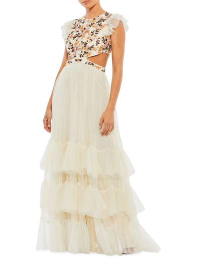 Mac Duggal Embroidered Bodice Cap Sleeve Ruffle Tiered Gown In Cream Multi