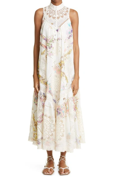 Zimmermann Jude Tiered Crochet-trimmed Floral-print Ramie Maxi Dress In White