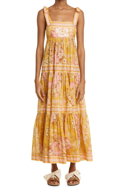 Zimmermann Pattie Floral Tie-shoulder Empire Waist Midi Dress In Mustard Floral