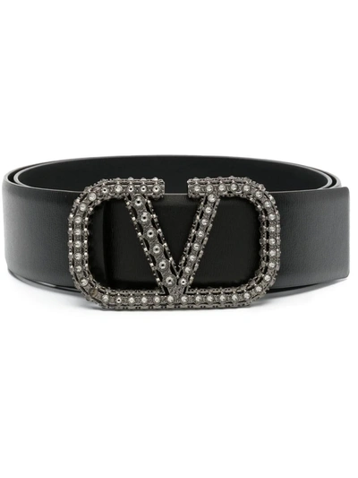 Valentino Garavani Black Vlogo Signature Crystal Embellished Leather Belt
