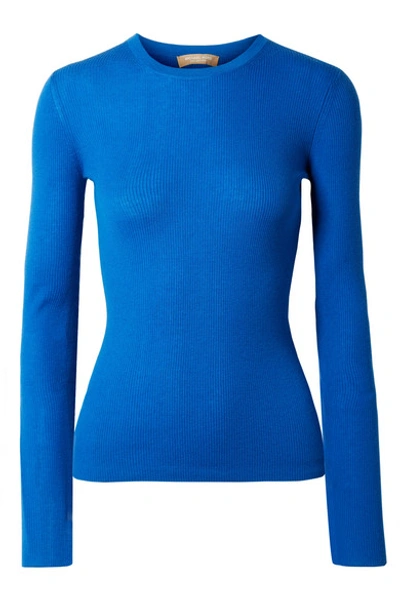 Michael Kors Crewneck Long-sleeve Ribbed Cashmere Top In Mediteranean