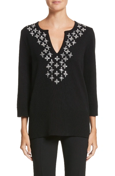 Michael Kors V-neck Embellished Cashmere Tunic Top In Black