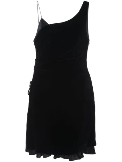 Cinq À Sept Asymmetric Satin-trimmed Ruched Velvet Mini Dress In Black