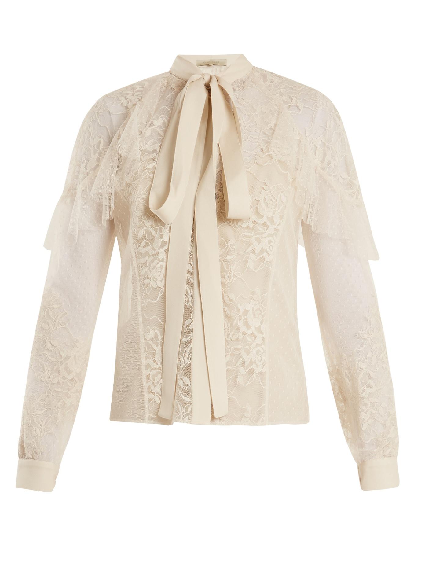 Elie Saab Tie-neck Lace And Tulle Blouse In Ivory | ModeSens