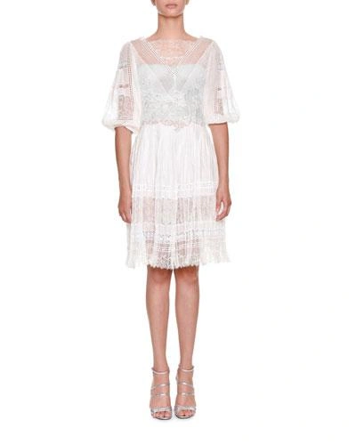 Ermanno Scervino High-neck Elbow-sleeve Multi-lace Plisse Short Dress