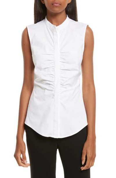 Theory Ruched Fitted Stretch Cotton Blouse In Black